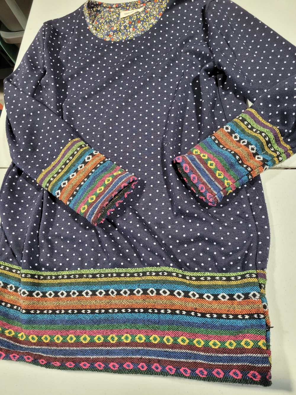 Navy Polka Dot Knit Top with Multicolor Trim